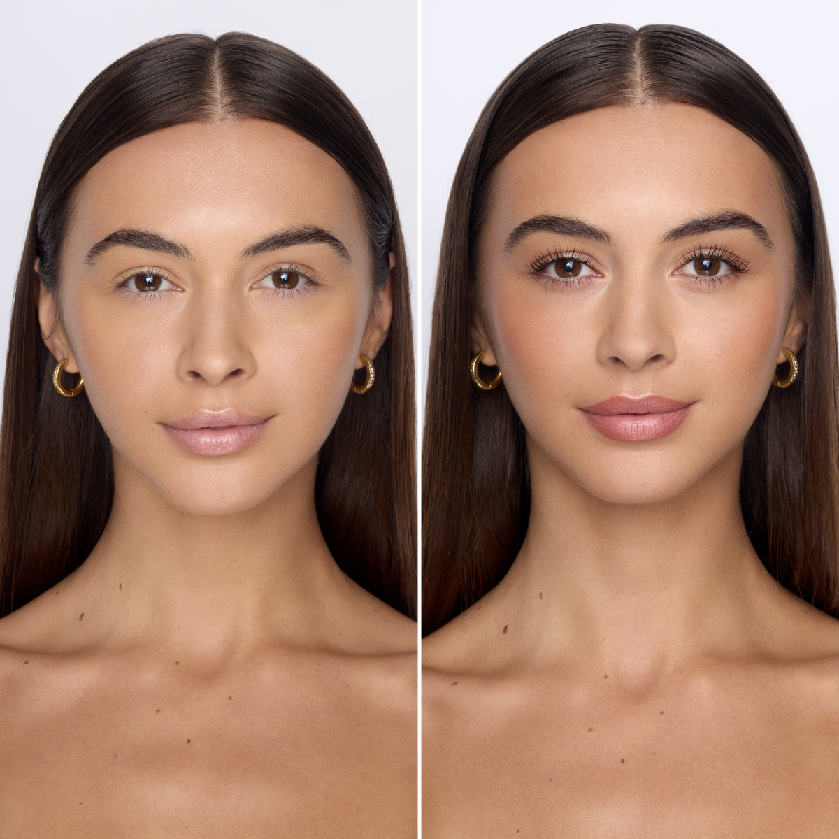 A side-by-side comparison of a woman's face before and after applying Brik and Pearl Lash Lift.