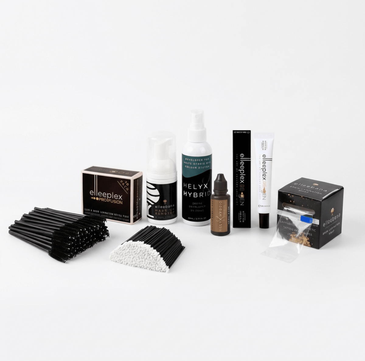 Elleebana Brow Lamination & Tint Starter Kit including Elleebana plastic wrap film, 50 lip wands, and 50 mascara wand spoolies.