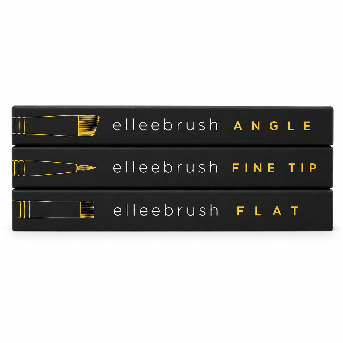 Complete Elleebana ElleeBRUSH Trilogy Set featuring the Angle Tip, Fine Tip, and Flat Tip synthetic brushes.
