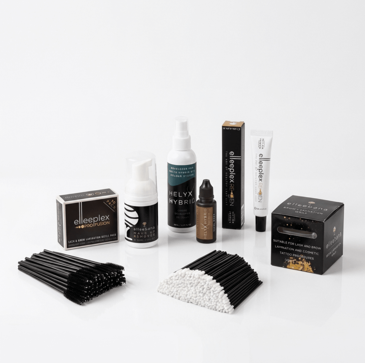 Complete professional brow lamination kit including Elleeplex ProFusion lotions, ReGEN treatment, cleanser, wrap, and applicator tools.