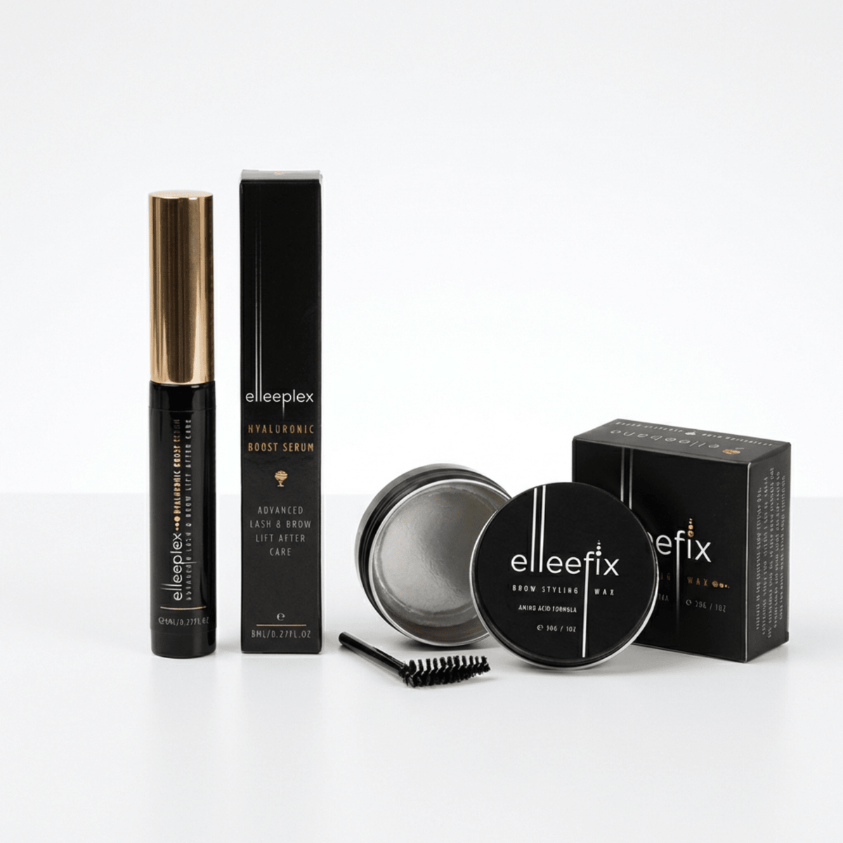 Professional Brow Lamination Aftercare Set featuring Elleeplex Hyaluronic Boost Serum and Elleefix Styling Wax.