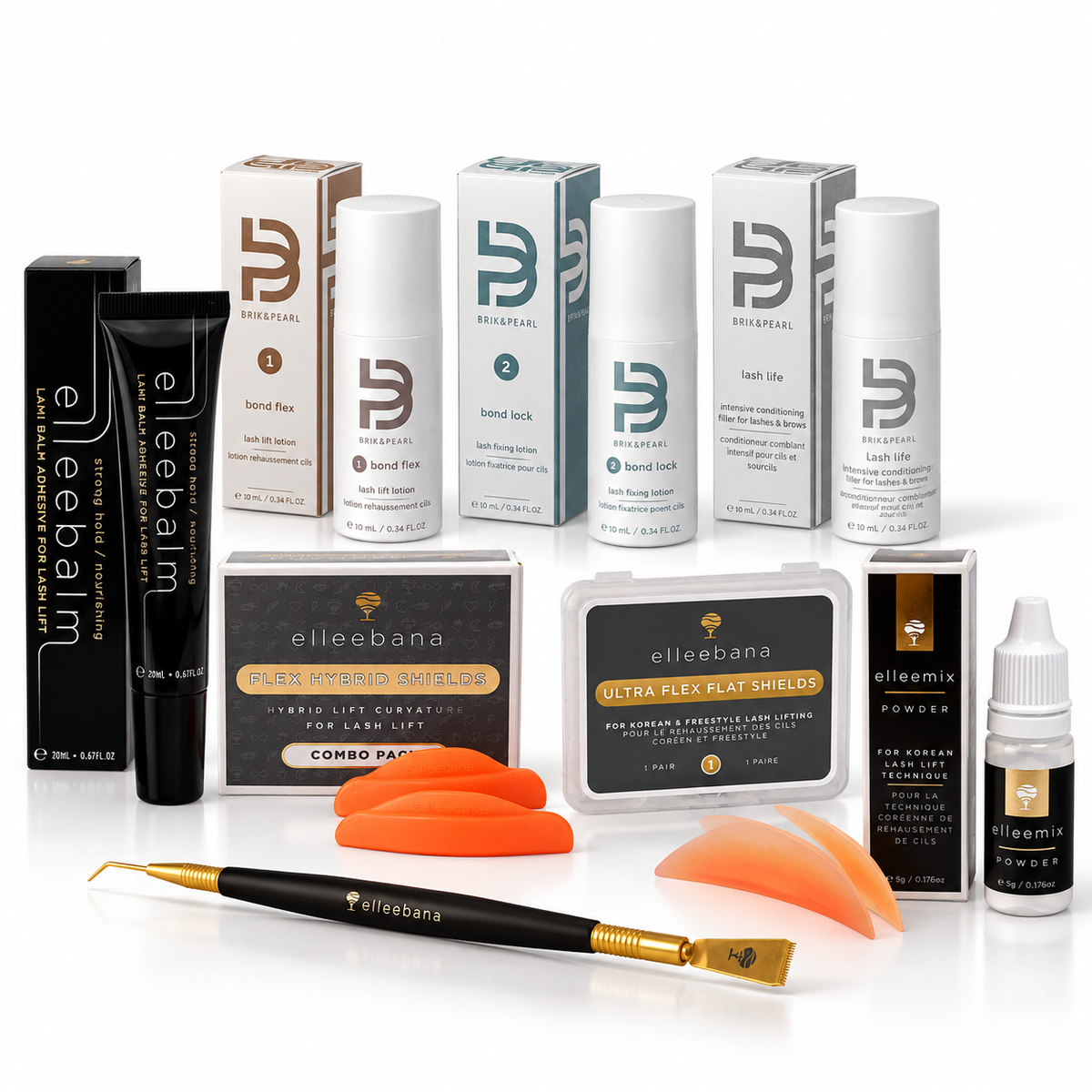 A comprehensive lash lift kit by Elleebana, and Brik & Pearl featuring lash lift & brow lotions, hybrid shields, korean shields and flat shields.
