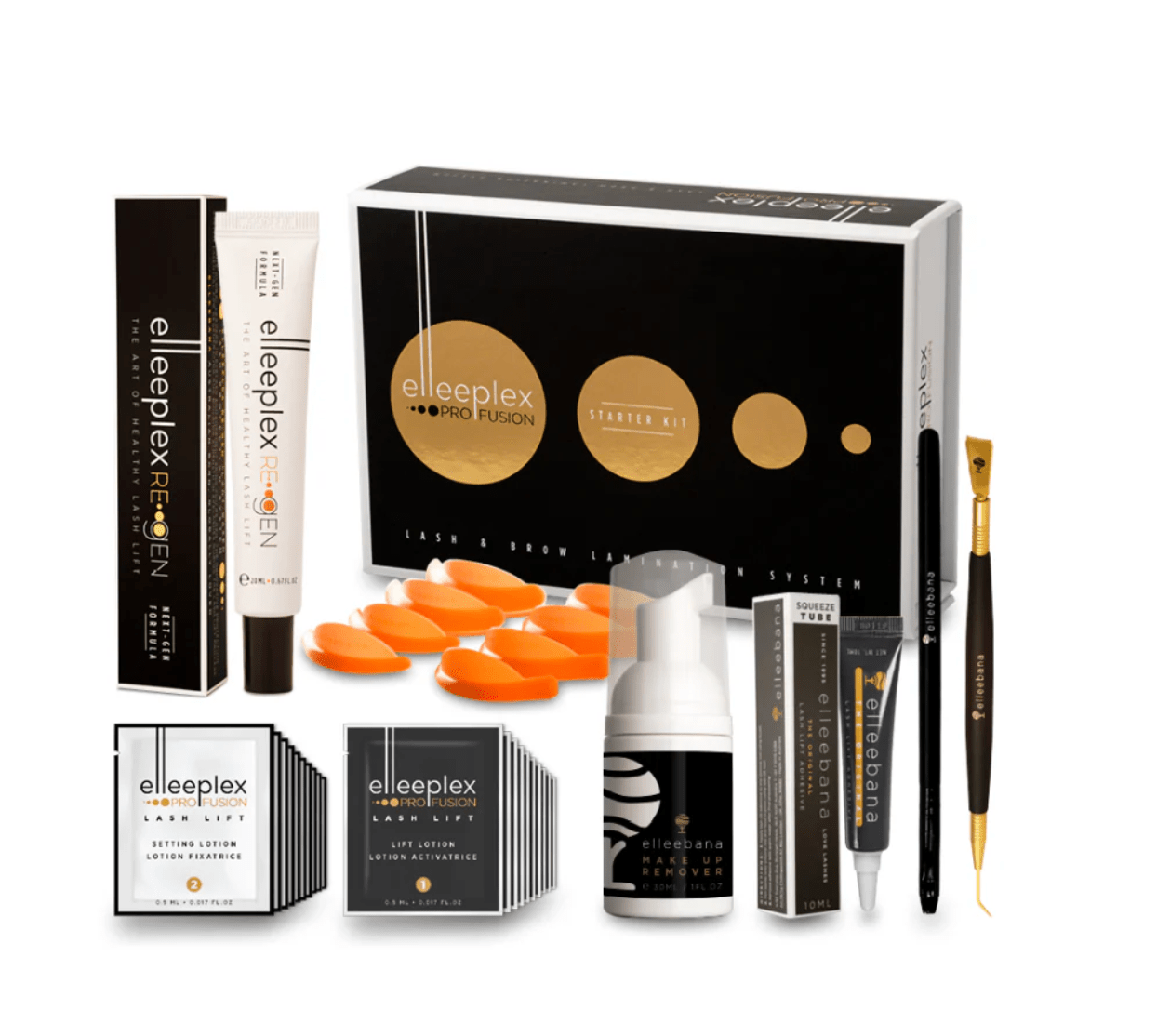 Elleeplex Profusion lash lamination training course starter kit with lotion sachets, silicone shields, and ReGEN Next Gen conditioning solution.