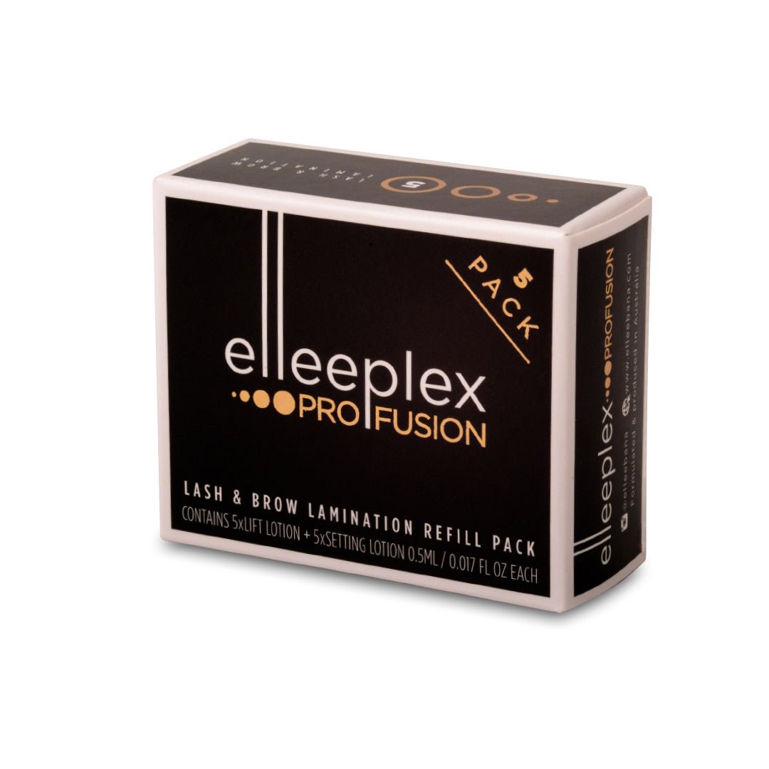 Elleeplex Profusion Lash & Brow Brow artist applying gentler thioglycolate-free Elleeplex Profusion lamination solution to lift and align eyebrow hairs.