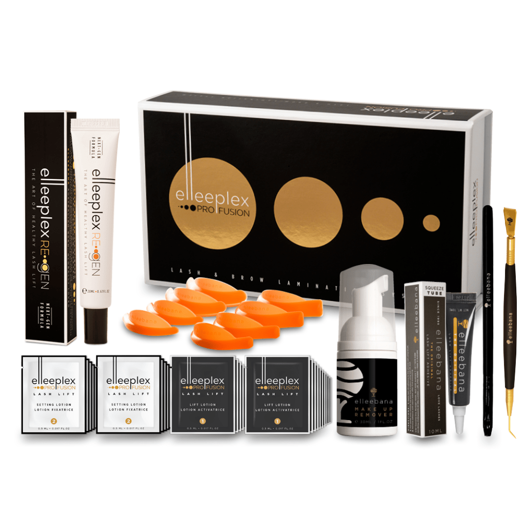 Elleeplex ProFusion lash & brow lamination kit featuring Step 1 and Step 2 sachets, Flex Rods, adhesive, ReGEN Next Gen, and gold tool.