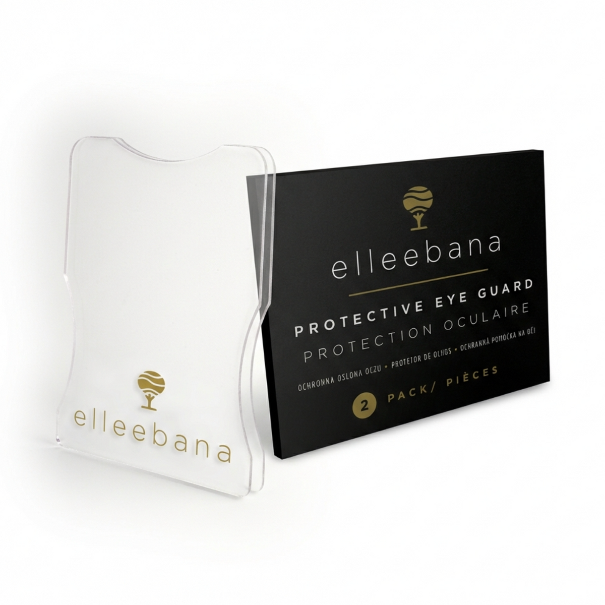 Elleebana Protective Eye Guards displayed alongside paper under-eye shields on a professional salon workstation.