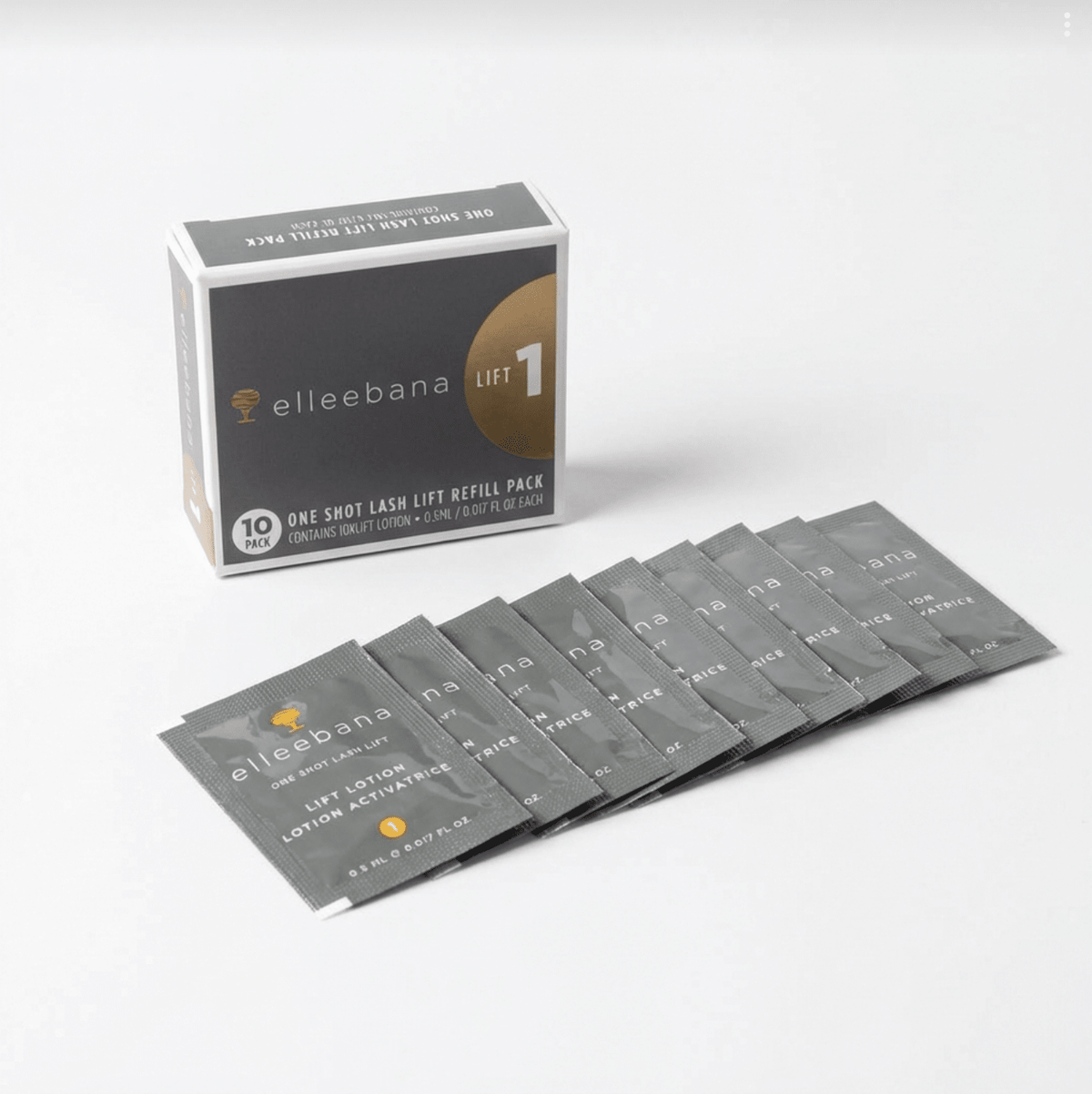 Front packaging for Elleebana One Shot Lash Lift Step 1 Lift Only sachet pack, made in Australia.