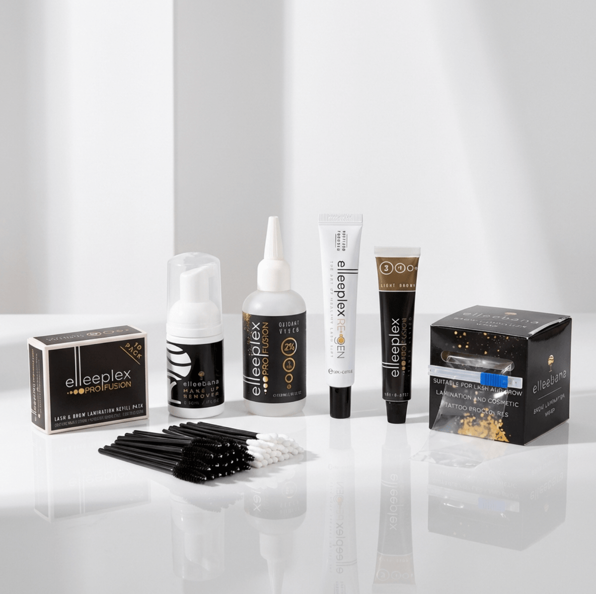 Elleebana Brow Lamination & Tint Starter Kit featuring Elleeplex ProFusion lotions with Helyx Hazel Wood hybrid brow stain and 3% cream developer.