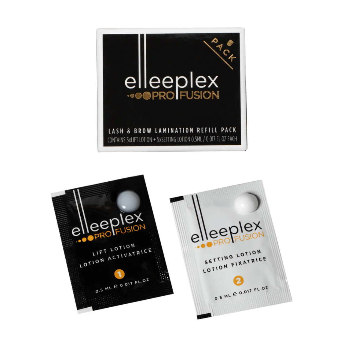 Close-up view of thioglycolic acid-free Elleeplex Profusion lash lamination sachets and ReGEN Next Gen powerbond included with the conversion course.