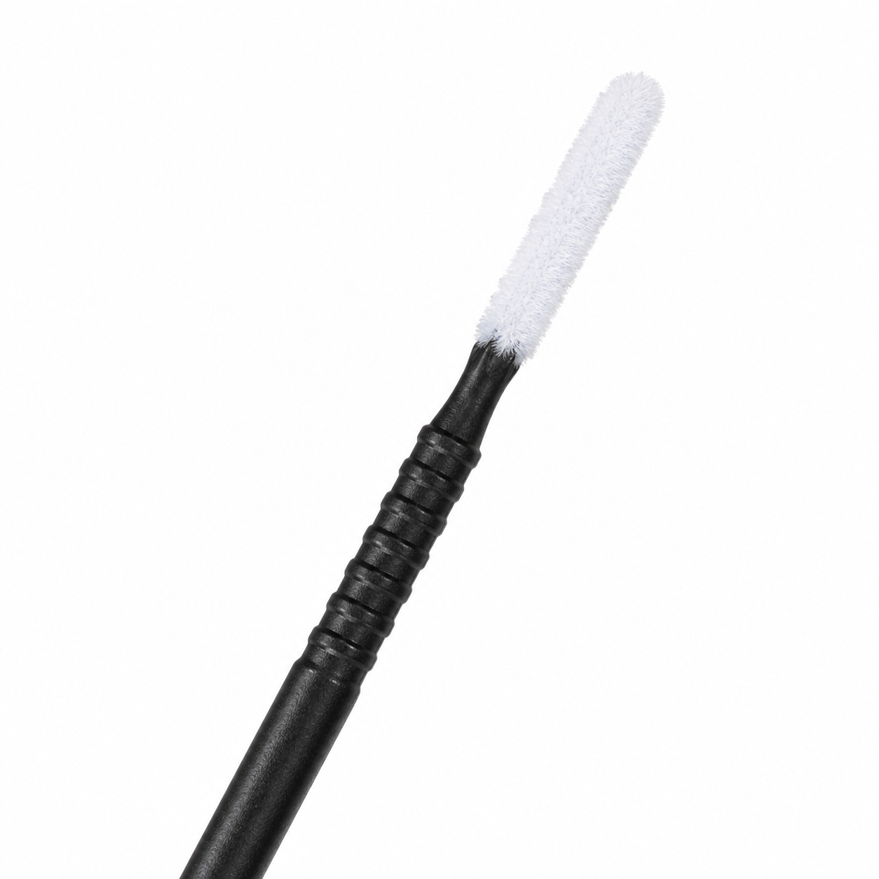 Close-up of an extended flocked white tip on a black handle precision microbrush