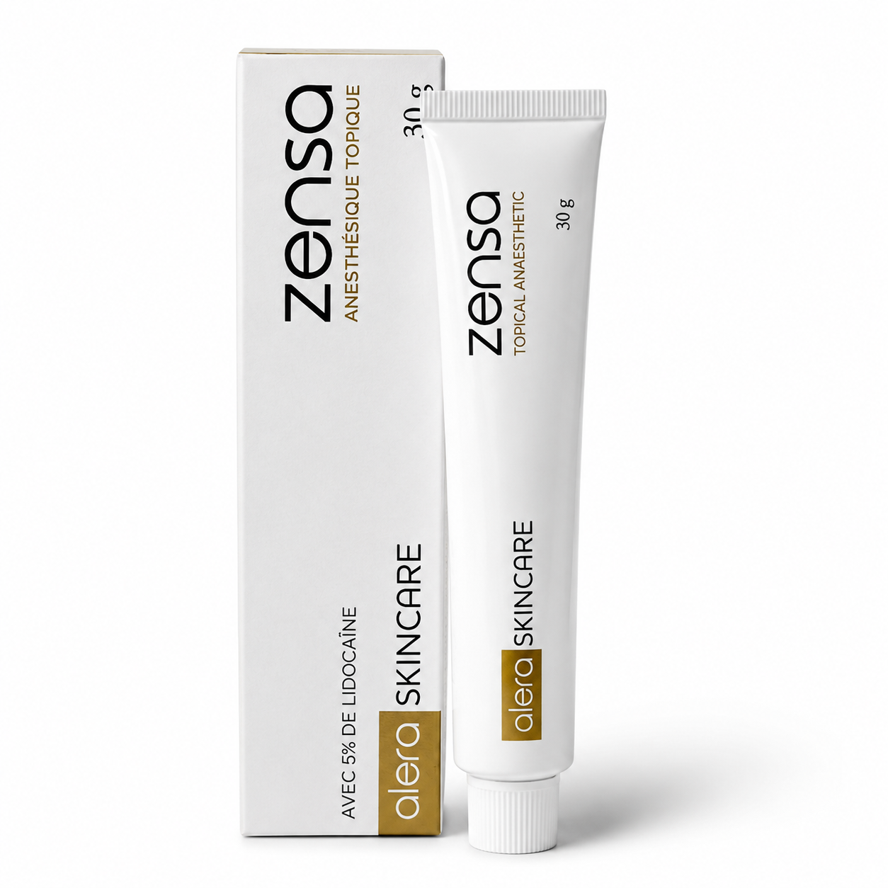 Professional Numbing Cream Zensa 30g tube and box packaging with 5% Lidocaine topical anaesthetic.