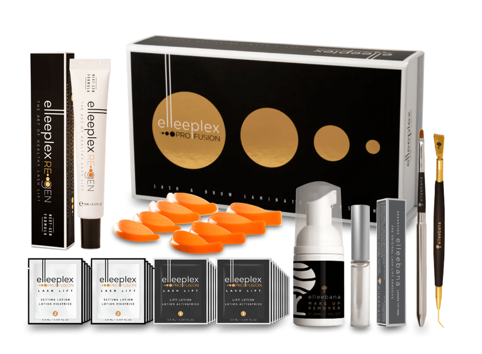 Elleeplex Profusion lash and brow lamination training course kit with sachets, shields, and ReGEN Next Gen treatment.